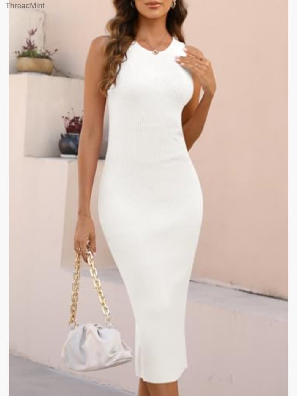 Sleeveless Ribbed Knit Bodycon Midi Dress Slim Fit Lightweight Stretchy - Picture 6 of 7